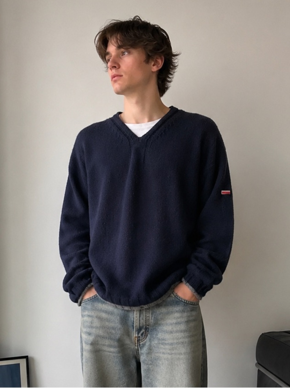 Vintage Point Zero Navy V-Neck Sweater Men’s L Y2K Grunge Skater Knit Y2K